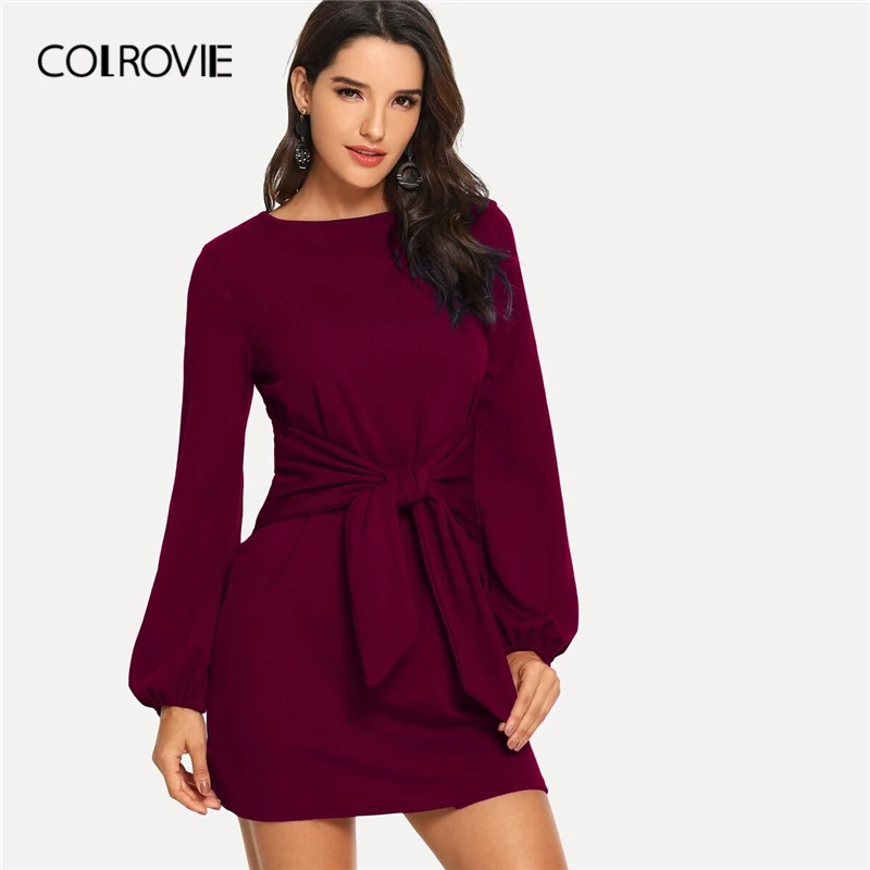 

COLROVIE Burgundy Knot Waist Solid Dress Women Casual Bishop Sleeve Mini Dress 2019 Fall Female Solid High Waist Elegant Dresses