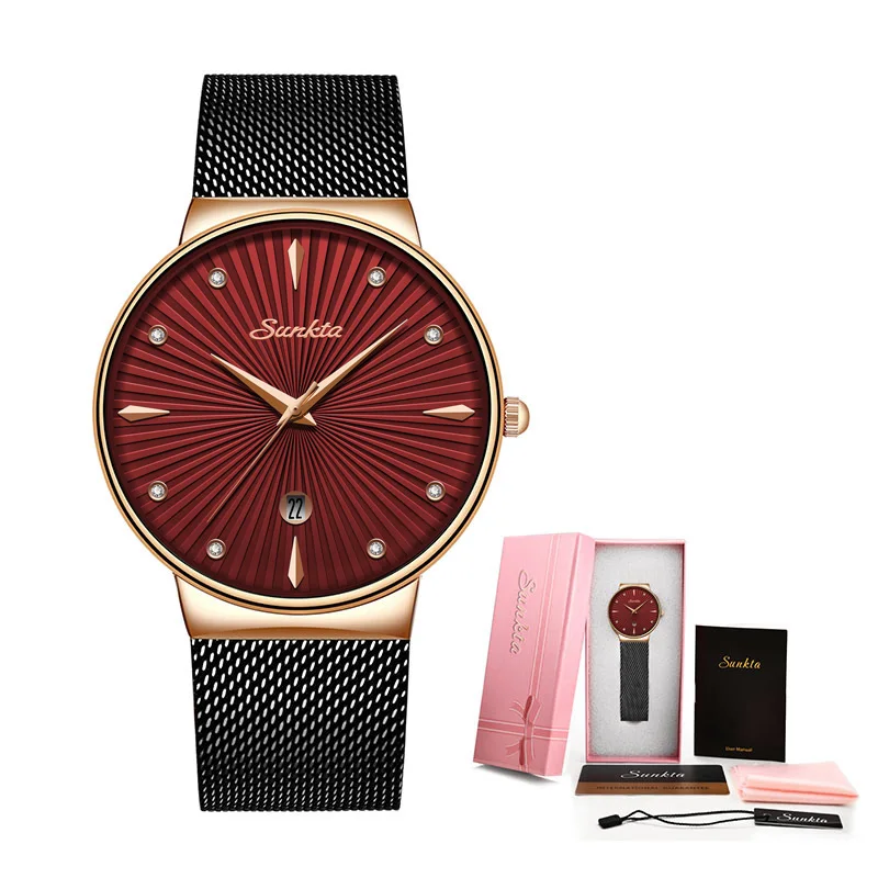 LIGE, женские часы, Лидирующий бренд, Роскошные Аналоговые кварцевые часы, женские полностью синие сетчатые часы из нержавеющей стали с датой, модные ультратонкие часы с циферблатом - Цвет: rose gold red