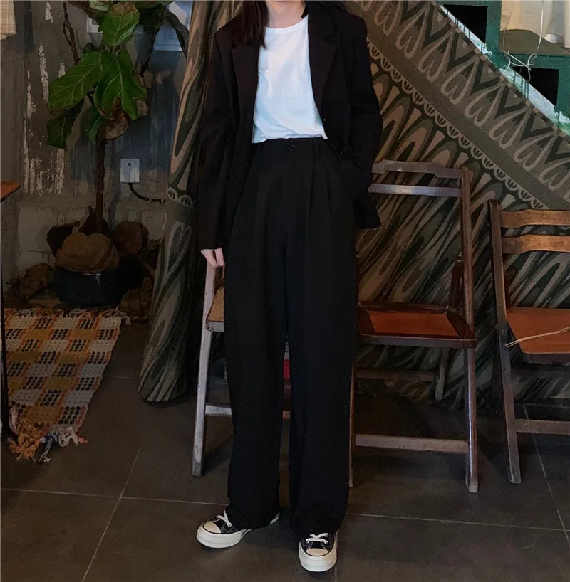 

Wide Leg Women Pants Leisure High Waist Long Pants New Office Ladies Loose Straight Trousers Black Purple Suit Pant 2020