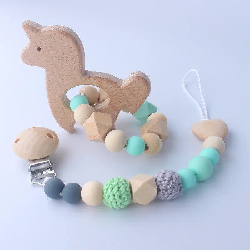 Детская деревянная Соска с бусами, цепочка с зажимом в виде животных, силиконовый Прорезыватель для зубов, органический деревянный кольцо для кормления, жевательные бусины, уход за новорожденным