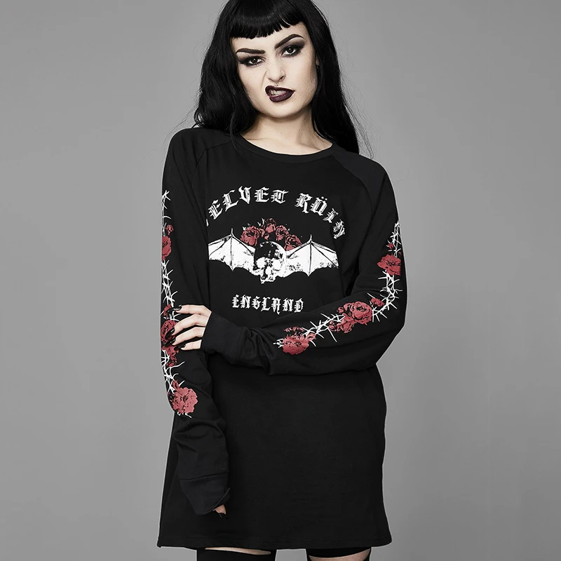 InstaHot Black Rose Letter Printed Oversize Sweatshirts Loose Women Round Neck Autumn Spring Gothic Punk Streetwear Pullovers