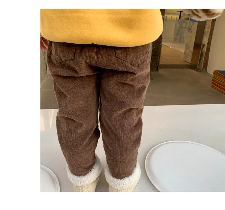 Новые зимние детские вельветовые плотные узкие брюки в Корейском стиле; унисекс; Детские теплые брюки из овечьей шерсти; Штаны для маленьких девочек и мальчиков