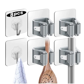 

8 Pack Broom Mop Holders & Hooks Set, Wall Mounted Broom Gripper Self Adhesive Reusable No Drilling Anti-Slip Mop Clip