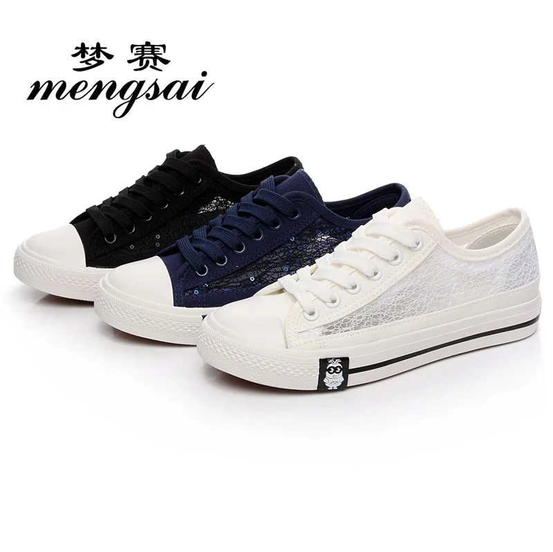 

MENGSAI Q1022 Korean-style Fashion Solid Color Lace-up Low Top Flat Hollow out Lace Shoes Gauze Leather Casual Shoes