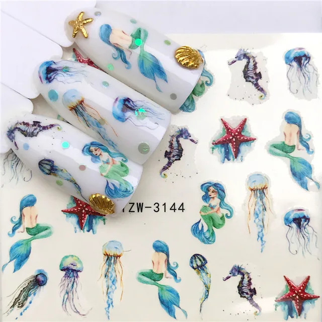 Nails Stickers Maple Leaf Seahorse Nail Sticker Pattern Transfer Nails Series Watermark Nail Decals Flowers Butterflies Color YZW-3144