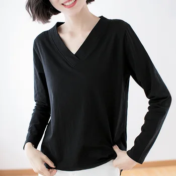 

Spring and autumn new style solid color V-neck slim long-sleeved cotton bottoming T-shirt women