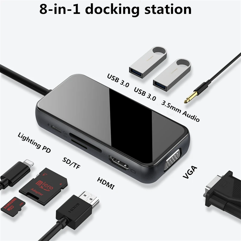 

Lightning to USB 8 in 1 Adapter VGA 1080P 60Hz HDMI USB3.0 Charger OTG Converter Hub for iPhone7/SE/XS/XR/11 Pro Max/12 iPad Air