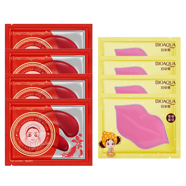 Eye Mask Combination 4pcs Moisturing Nourishing Lips Mask 4Pairs Collagen Anti-Aging Wrinkle Dark Circles Eye Patch Skincare