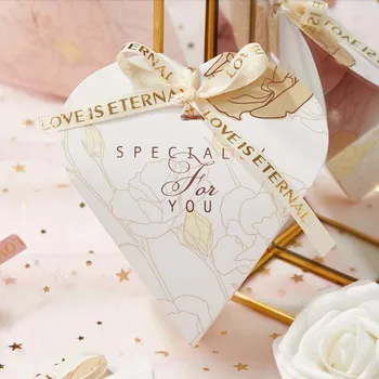 

New Arrivals--50pcs/100PCS White/Pink Heart shape candy box wedding gift box Baby Shower Birthday Party decor Bag With Ribbon