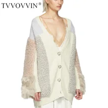 TVVOVVIN, новинка, осенняя Женская одежда, v-образный вырез, длинный рукав, с мехом, контрастный, однобортный, смешанный, кашемировый, вязанный, J853