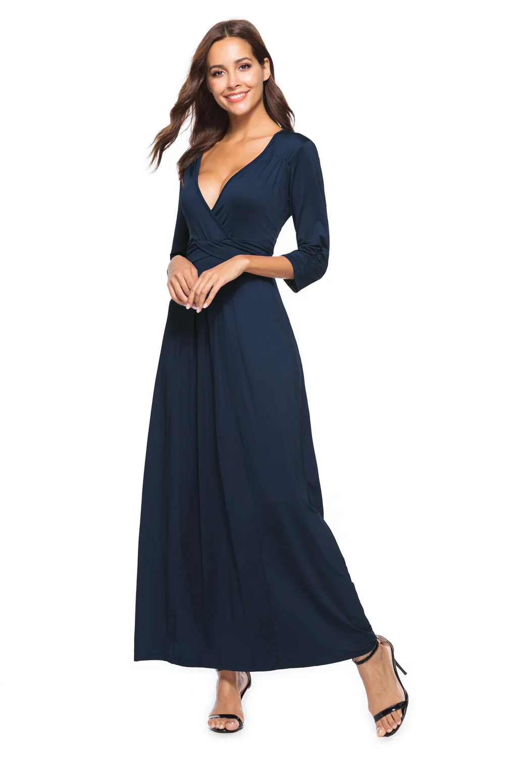 Sexy V neck Solid Black Formal Party Maxi Dress for Winter 3/4 Sleeves Vintage Floor-Length Occation Club Dress Plus Size