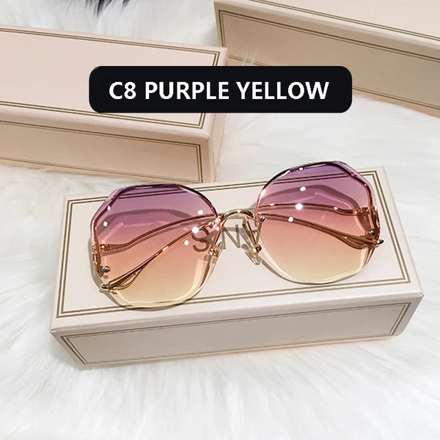 2021 Fashion Tea Gradient Sunglasses Women Ocean Water Cut Trimmed Lens Metal Curved Temples Sun Glasses Female UV400 C8