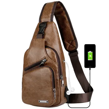 

Casual PU shoulder bag men's charging bag men's USB chest bag diagonal bag Messenger bag chest bag New 2019