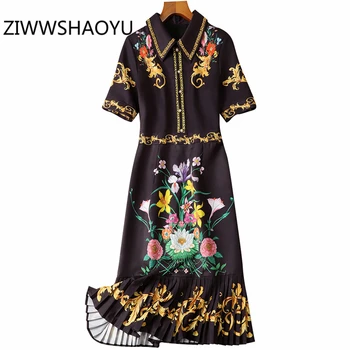 

ZIWWSHAOYU Female Summer Black Floral Print Pleated Hem Vintage Dress Runway Designer Women Gorgeous Beading Midi Trim Dresses