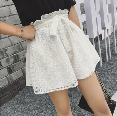 

2016 Summer Wear New Style Korean-style Elastic Lace-up Waist Hugging Lace Hollow out Solid Color Shorts Women's