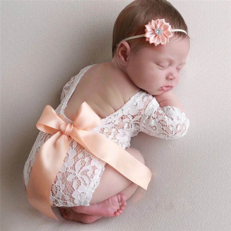 Baby Girls Lace Romper Newborn Photography Props Infant Photo Costume Deep V Back Lace Jumpsuit Headband Set Photo Shooting Prop vintage Baby Bodysuits