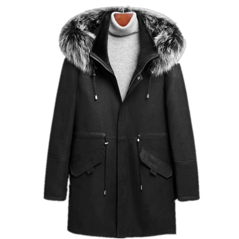 

Boollili Genuine Sheepskin Leather Jacket Winter Jacket Men 100%Wool Liner Coat Autumn Fox Fur Collar Long Coat