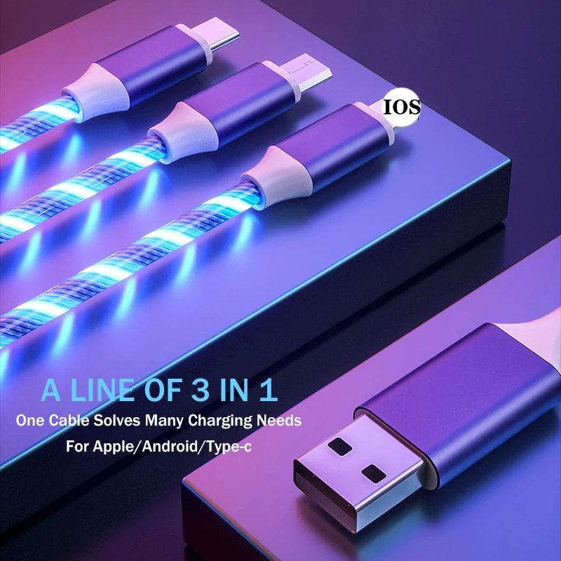 3 в 1 USB кабель для зарядного устройства светодиодный светящийся струящийся кабель Micro usb c для iPhone Android type C 2.4A Быстрая зарядка кабель для передачи данных