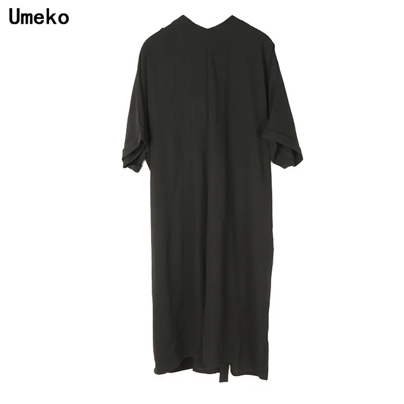 Umeko, новинка, Осеннее, корейский стиль, женское, черное, офисное, стильное платье, v-образный вырез, половина рукава, элегантное, для работы, миди, шифоновое платье