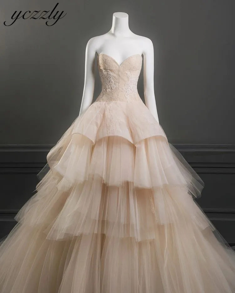 

Vestidos De Novia 2019 Elegant Sweetheart Ball Gown Lace Appliques Tiered Wedding Dress Long Princess Ruched Bride Dresses W78