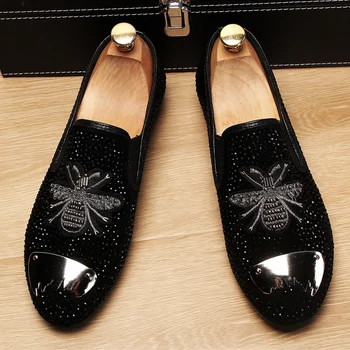 

Men's Leather Shoes Embroidery Frosted Trendy Shoes Little Bee Personality Rhinestone Foot-covering Lazy Bean Shoes Men