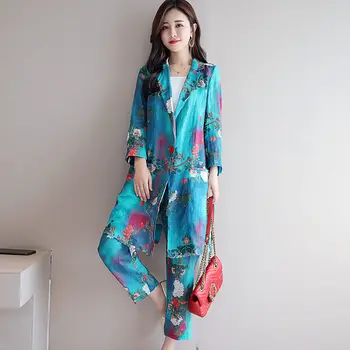 

Chinese Style Linen Two-piece Suit 2020 Spring Retro Gradient Color Print Fashion Blazer and Pants Cotton and Linen Set K284
