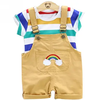 

Children's Striped Overalls Set Round Neck Short-sleeve Rainbow Strap Shorts Two-piece Suit Toddler Baby Two Pieces With T Shirt