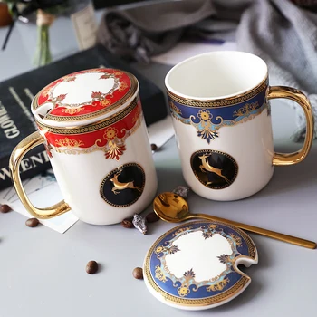 

Chrismas Nordic Mug Gold Creative Personalised Ceramic Mug for Couple with Lid with Spoon Tazas Para Cafe Coffee Tea Mug CC60MKB