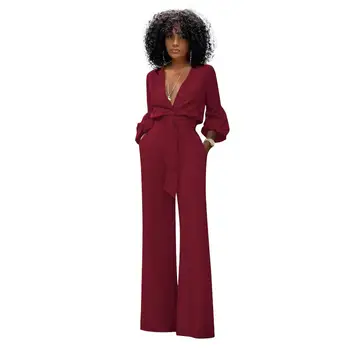 

Women Sexy V Neck Solid Wide Leg Jumpsuit Bohemian 2019 Autumn Casual High Waist Rompers Elegant Long Sleeve Overalls