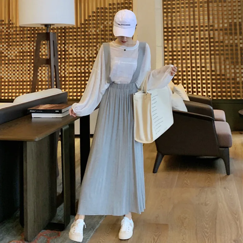 grey strap skirt Тонкая летняя женская винтажная длинная юбка-подтяжки стиль Mori Girl преппи стиль с перекрестными завязками и высокой талией трапециевидная юбка - Цвет: grey strap skirt