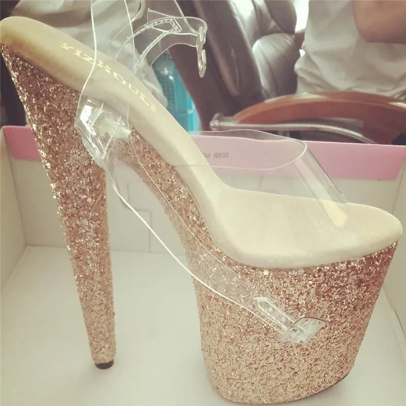8 inches, summer sandals, transparent vamp, sequined soles for parties and nightclubs, 20cm high heel models, dancing shoes