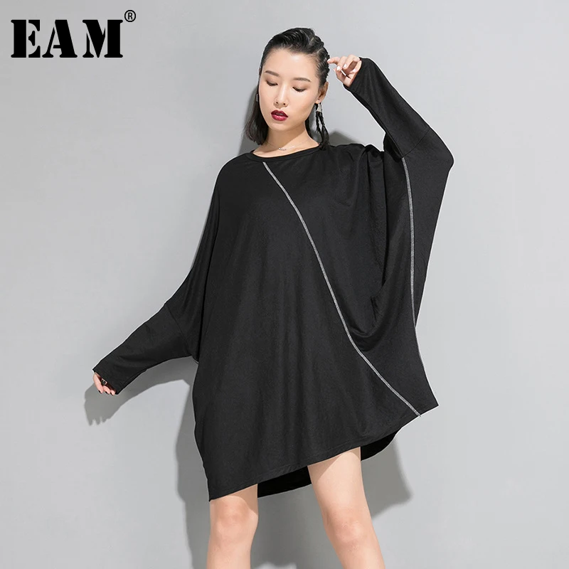 

[EAM] Loose Fit Big Size Pattern Printed Women T-shirt New Round Neck Long Batwing Sleeve Fashion Tide Spring Autumn 2019 JZ186
