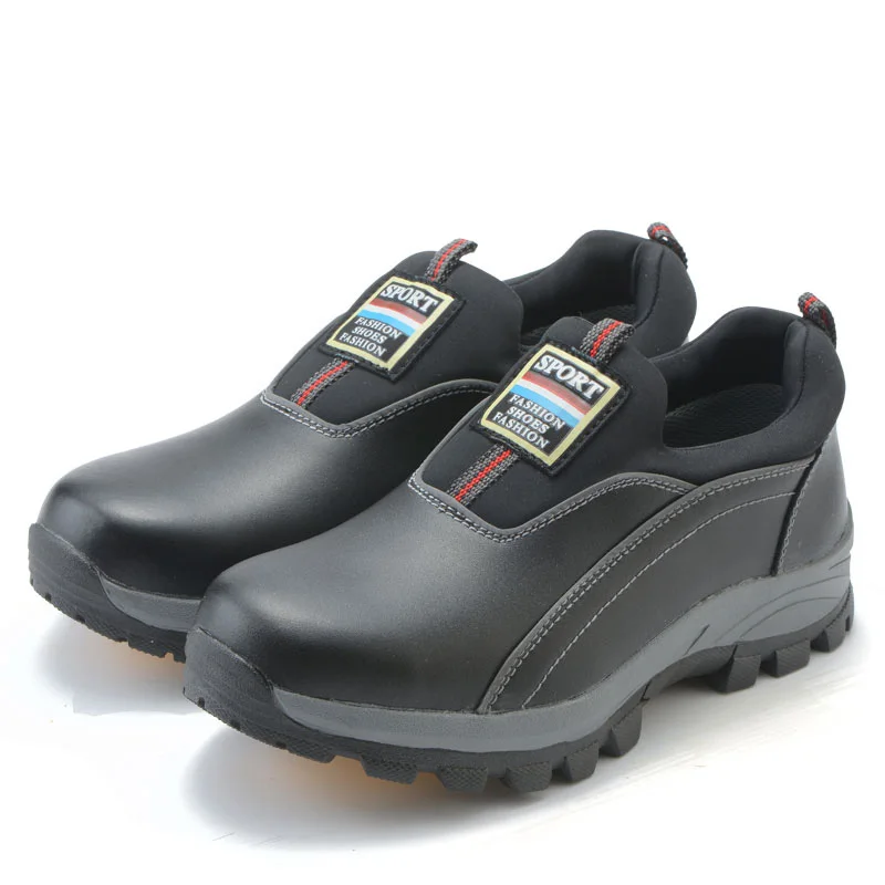 mens causal black big size breathable steel toe caps work safety shoes slip on lazy cow leather tooling low boots zapatos hombre