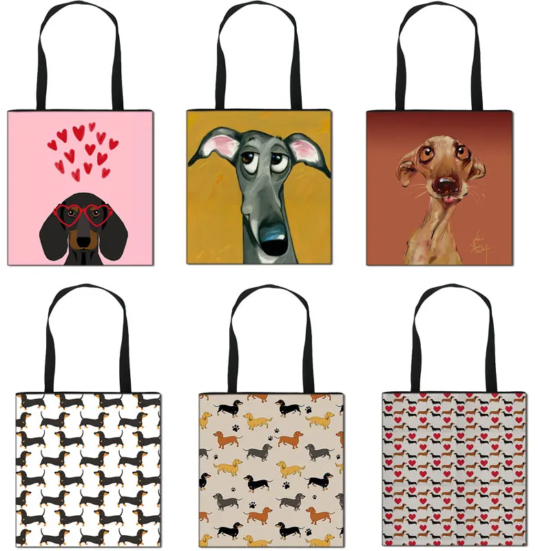 Women Handbag Canvas Puppy-Dachshund-Print Foldable Multi-Function Casual 3D