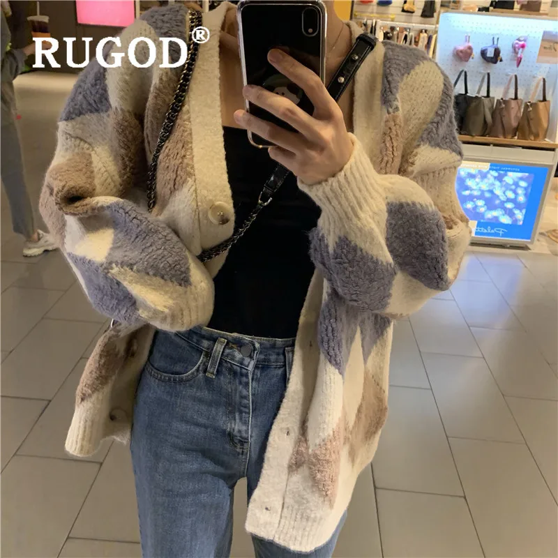 RUGOD кардиган с алмазным узором женский однобортный вязаный свитер размера плюс зимняя одежда Женская мода