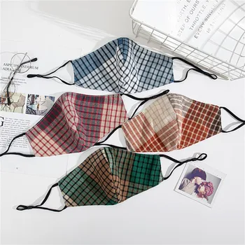 

4pc Face Mask Adult Plaid Print Маска Washable Adjustable Mascarillas Cotton Breathable Mouth Mask Protector Mondkapjes Masque
