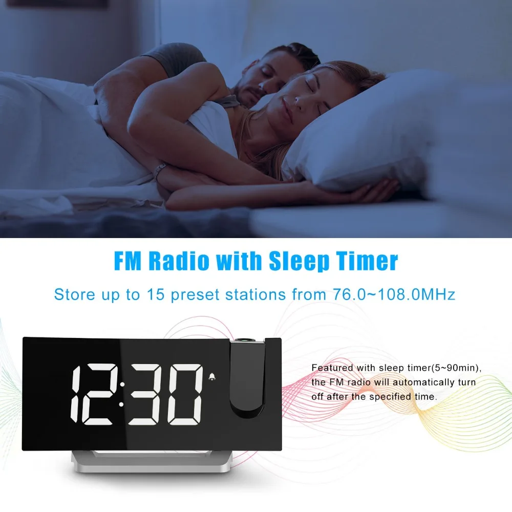 Mpow Projection Clock FM Radio Alarm Clock 5 inch Curved-Screen Digital Dual Alarm with  Dimmer & USB Charging Port Sleep Timer (5)