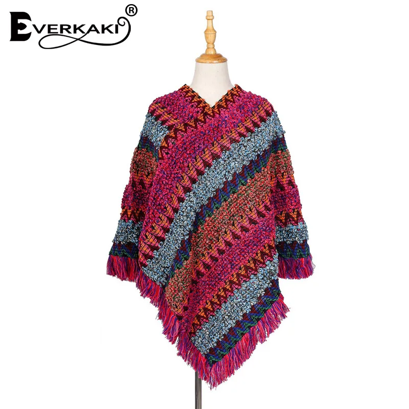Everkaki кисточки Boho вязаный свитер шаль для женщин Обертывания толстый теплый богемный свитер шаль обертывания женский осень зима - Цвет: Rosy Red