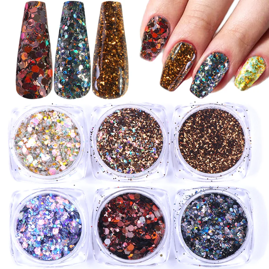 

6Boxes Rose Gold Nail Glitter Set Holographic Mirror Hexagon Sequin Flakes for Nails Art Decorations Manicure Dust CH15