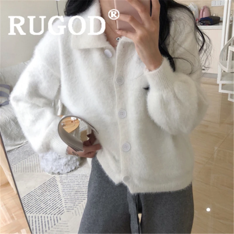 RUGOD женский однотонный теплый свитер кардиган с отложным воротником толстое