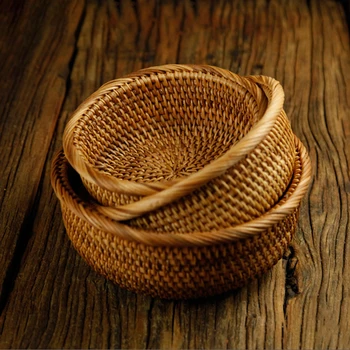 

3PCS Set Hand Made Rattan Bread Basket Round Woven Rattan Storage Basket Food Fruit Vegetable Serving Basket