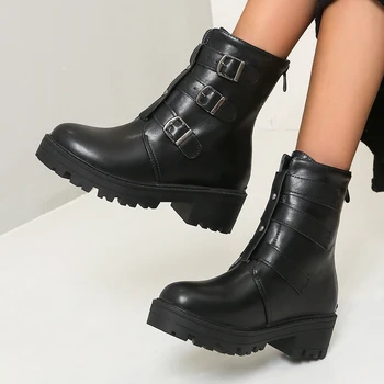 

GIGIFOX Large Sizes 43 Fashion non-slip Platform Suqare Heels Cool Belt Buckles Ankle Boots Winter Shoes Woman Boots Female