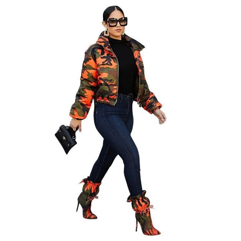 

Adogirl 2020 Fall Winter Women Camouflage Print Jacket Full Sleeve Zipper Casual Down Coat Slim Short Jacket Fashion Streetwear