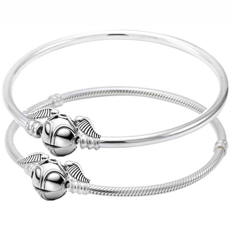 

New 925 Sterling Silver Bangle MOMEMTS Harry Golden Snitch Clasp Snake Chain Bracelet Fit Women Bead Charm Diy Jewelry