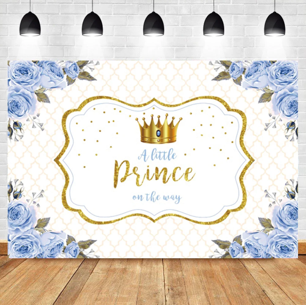 

Laeacco Happy Prince Birthday Party Gold Crown Blue Flowers Diamond Headboard Poster Photo Background Photography Backdrops
