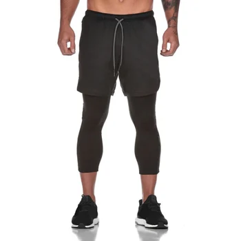

2019 Latest Men's Sports Shorts Mesh Double-layer Fitness Trousers Fake Two-piece Cropped Trousers