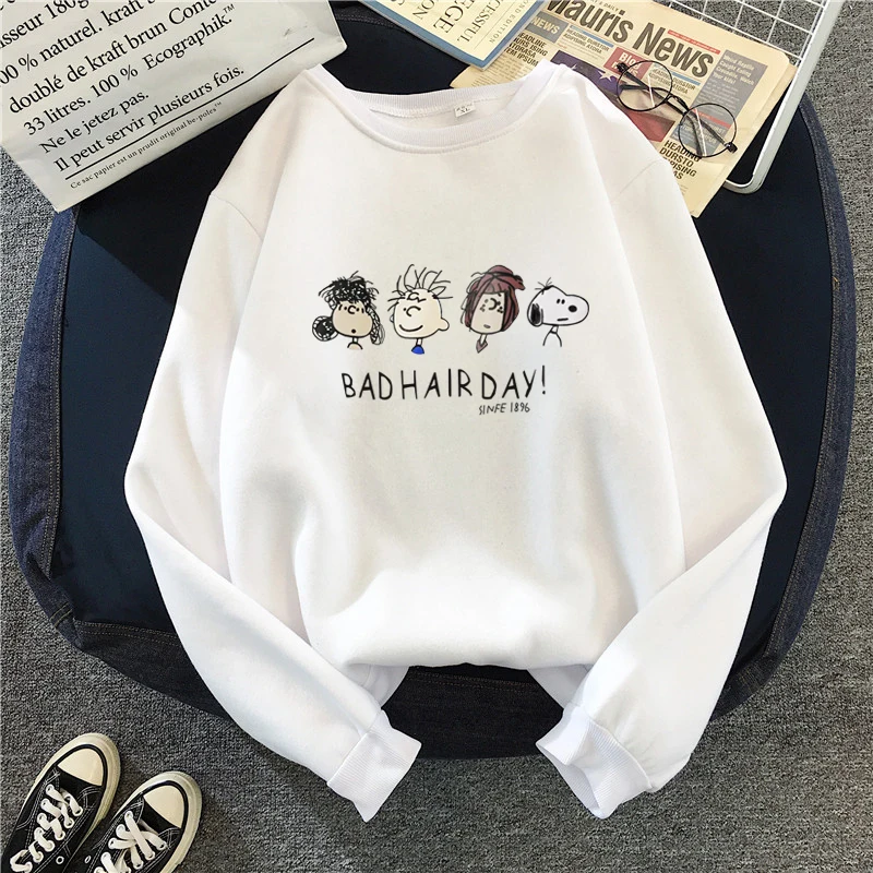 Для женщин Harajuku толстовки спортивный костюм с персонажами из мультфильмов; милая Толстовка Пуловер эстетику уличная Kawaii детские штаны на вельветовой подкладке больших размеров с капюшоном - Цвет: Белый