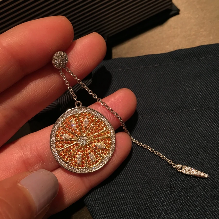 

Lemon Design Summer Gold Color Full Pave Round Zircon Long Dangle Drop Earrings for Women Fashion Jewelry Earings