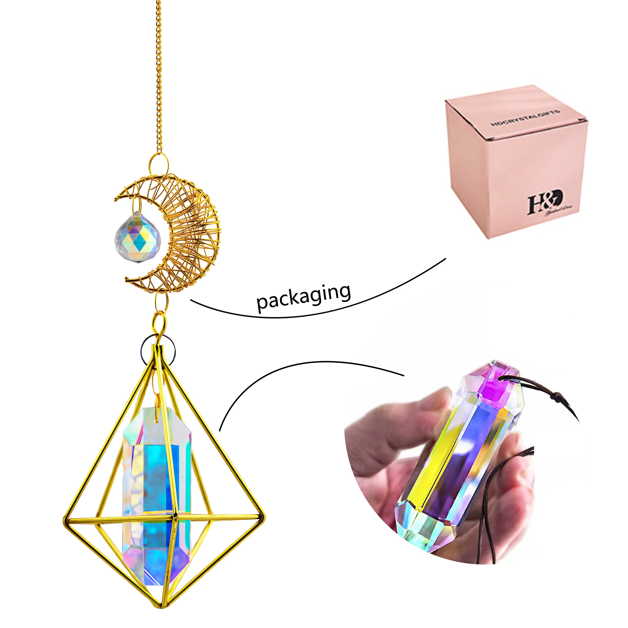 H&D Moon Sun Catcher Rainbow Maker Chandelier Pendant Garden Hanging Crystal Suncatchers Ornament for Home Cars Decorations Gift