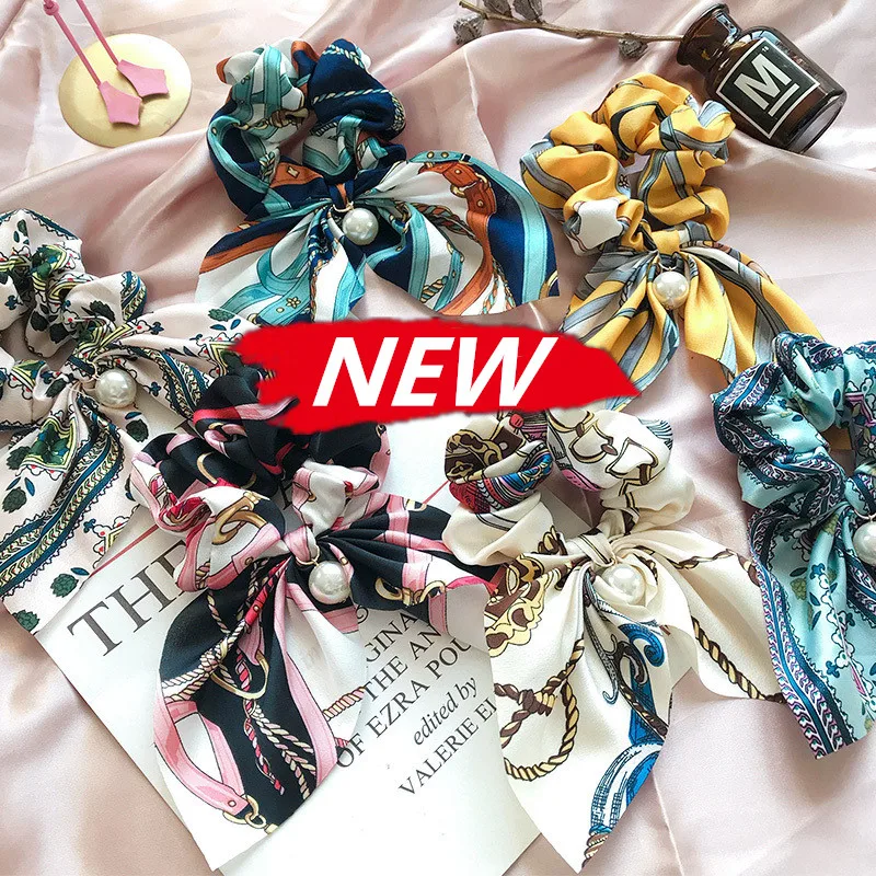 

Chiffon Bowknot Hair Scrunchies Fashion Women Pearl Ponytail Holder Tie Hair Elastic Rubber Bands Hair Accessories Rabbit ears